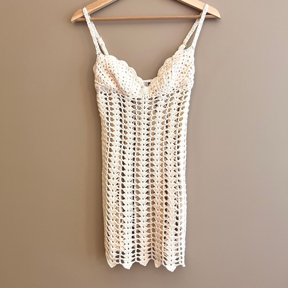 Musera Womens XS Crochet Mini Dress Ivory Cream Boho Open Knit Coverup Festival
